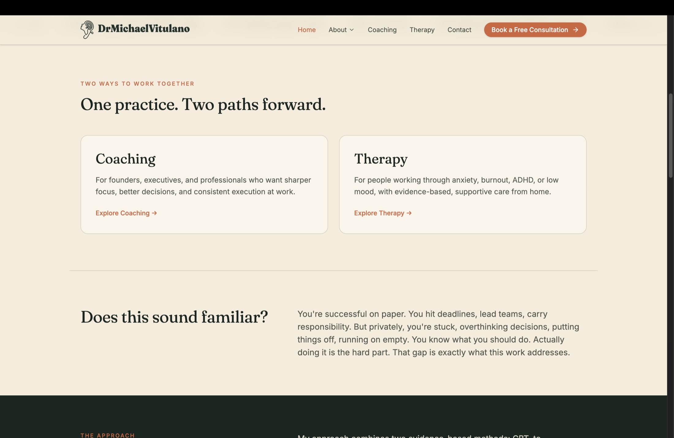 A section headed One practice, two paths forward, with separate Coaching and Therapy cards