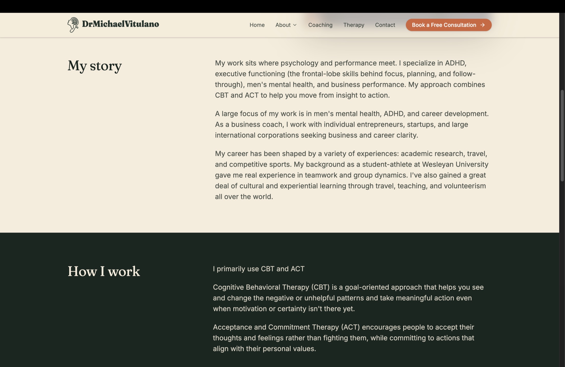 The new My story section, set as a readable two column layout on cream