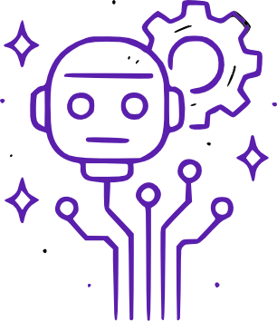 AI automation illustration: a robot head wired to a settings gear, representing Catalyst Creatives' workflow automation work for education companies