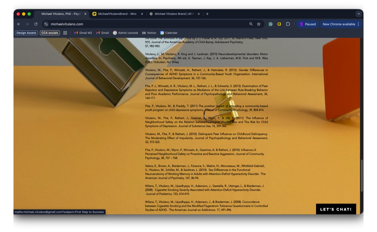 The old publications list, twenty academic citations in small grey type over an orange background