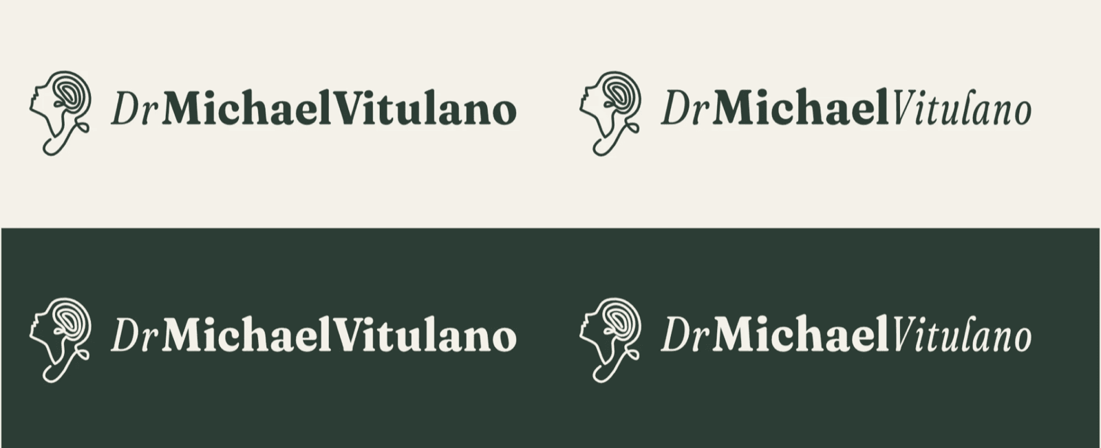 The Dr Michael Vitulano logo lockups, shown in deep green on cream and in cream on deep green