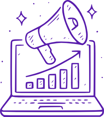 Growth marketing illustration: a laptop showing a rising chart beside a megaphone, representing Catalyst Creatives' content, SEO and social campaign work for edtech