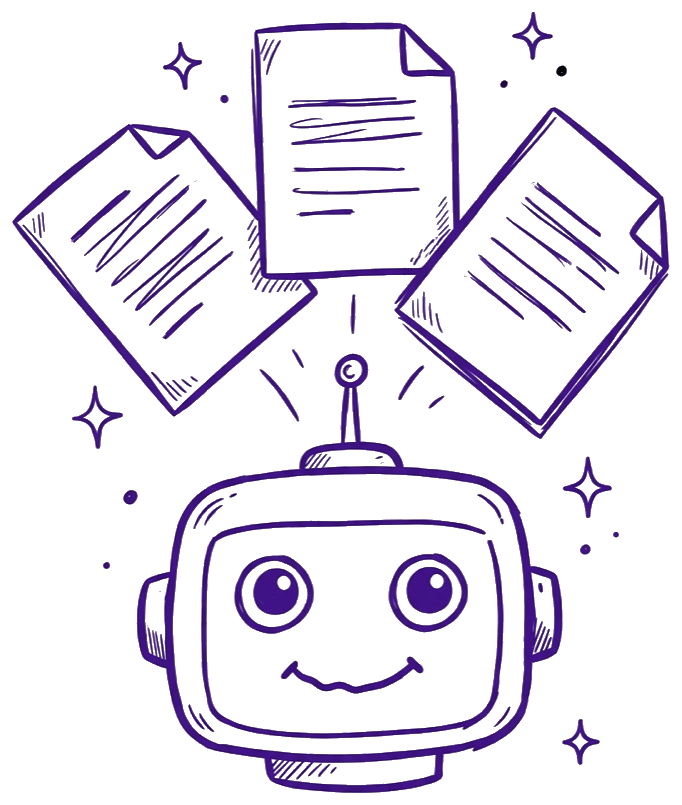 AI agent illustration: a robot head with documents fanning upward from it, representing the content engines Catalyst Creatives builds