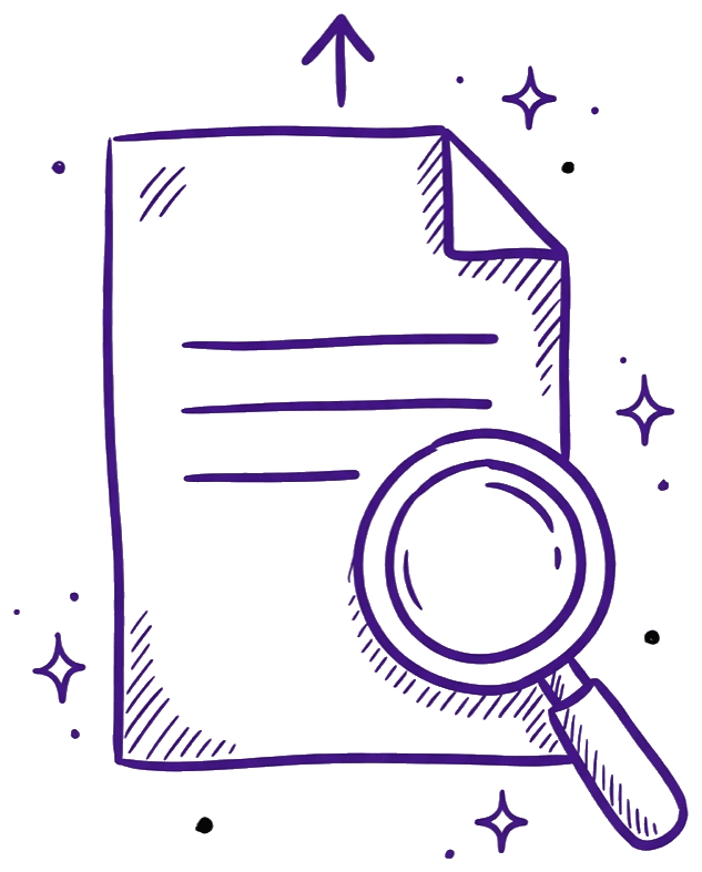 Blog and SEO illustration: a document page with a magnifying glass and an upward arrow, representing the organic content work Catalyst Creatives does