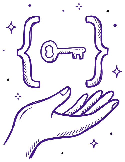 Handover illustration: a pair of code brackets with a key between them above an open hand, representing the clean build and handover Catalyst Creatives provides