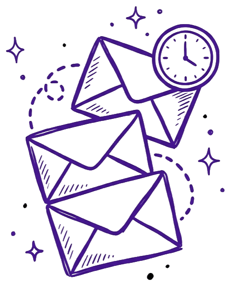 Lifecycle email illustration: three envelopes fanning upward with a clock on the top one, representing the welcome, drip and recovery sequences Catalyst Creatives builds