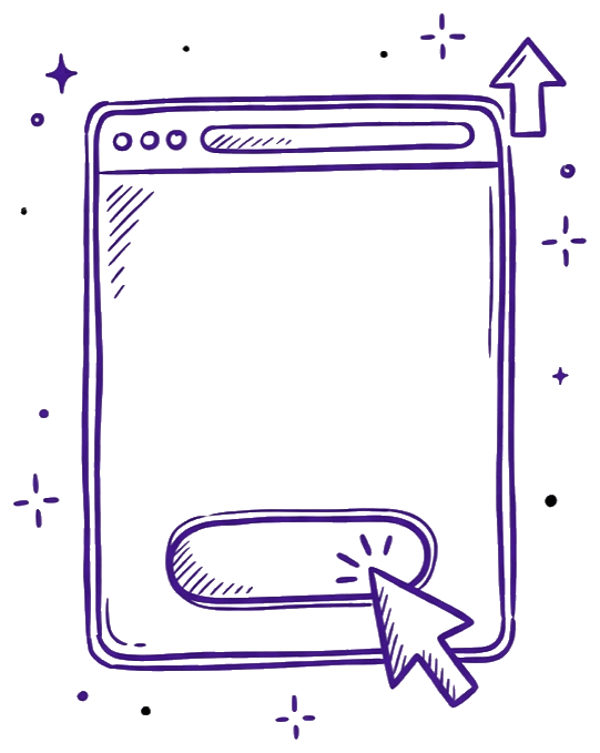 Conversion illustration: a browser window with a cursor clicking a button and an upward arrow, representing the landing pages Catalyst Creatives designs