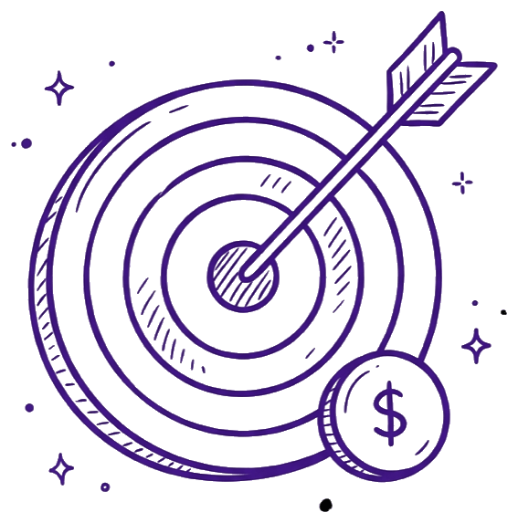 Paid ads illustration: a target with an arrow in the bullseye and a coin at the edge of the ring, representing the search and social campaigns Catalyst Creatives runs