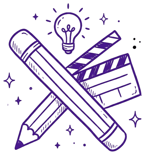 Content creation illustration: a pencil crossed with a film clapper under a lightbulb, representing the strategy, writing and editing Catalyst Creatives handles