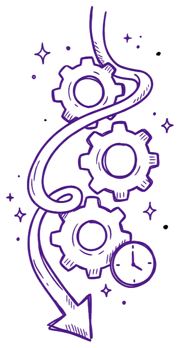 Workflow automation illustration: three gears chained vertically with a looping arrow and a clock, representing the operational automations Catalyst Creatives builds
